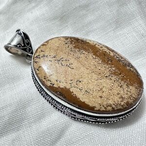 Hand Crafted Artisan Picture Brown Jasper Oval Pendant with Silver Filigree